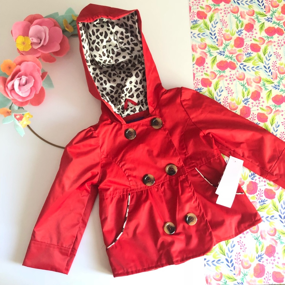 Red Waterproof Raincoat Peacoat with cheetah print
